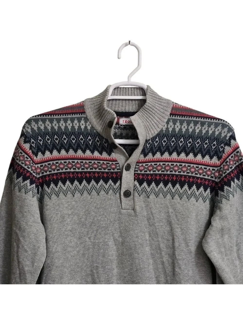 Izod Saltwater Harbor Fair Isle Quarter Button Knit Sweater Sz XL